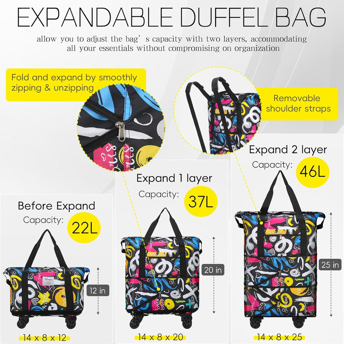 Duffel Bag with Wheels - Rolling Foldable Expandable Duffle Bag with Wheels for Travel, Rolling Luggage Carry On Bag with Wheels, Large Rolling Backpack Weekend Bags for Men Women (Black)