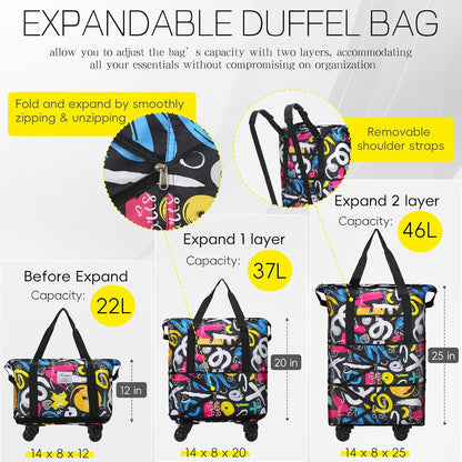 Duffel Bag with Wheels - Rolling Foldable Expandable Duffle Bag with Wheels for Travel, Rolling Luggage Carry On Bag with Wheels, Large Rolling Backpack Weekend Bags for Men Women (Black)