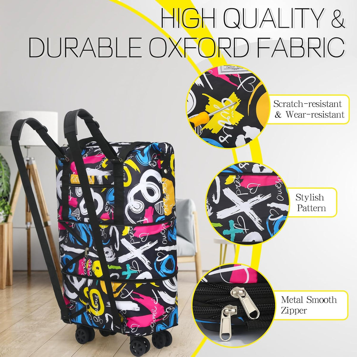 Duffel Bag with Wheels - Rolling Foldable Expandable Duffle Bag with Wheels for Travel, Rolling Luggage Carry On Bag with Wheels, Large Rolling Backpack Weekend Bags for Men Women (Black)