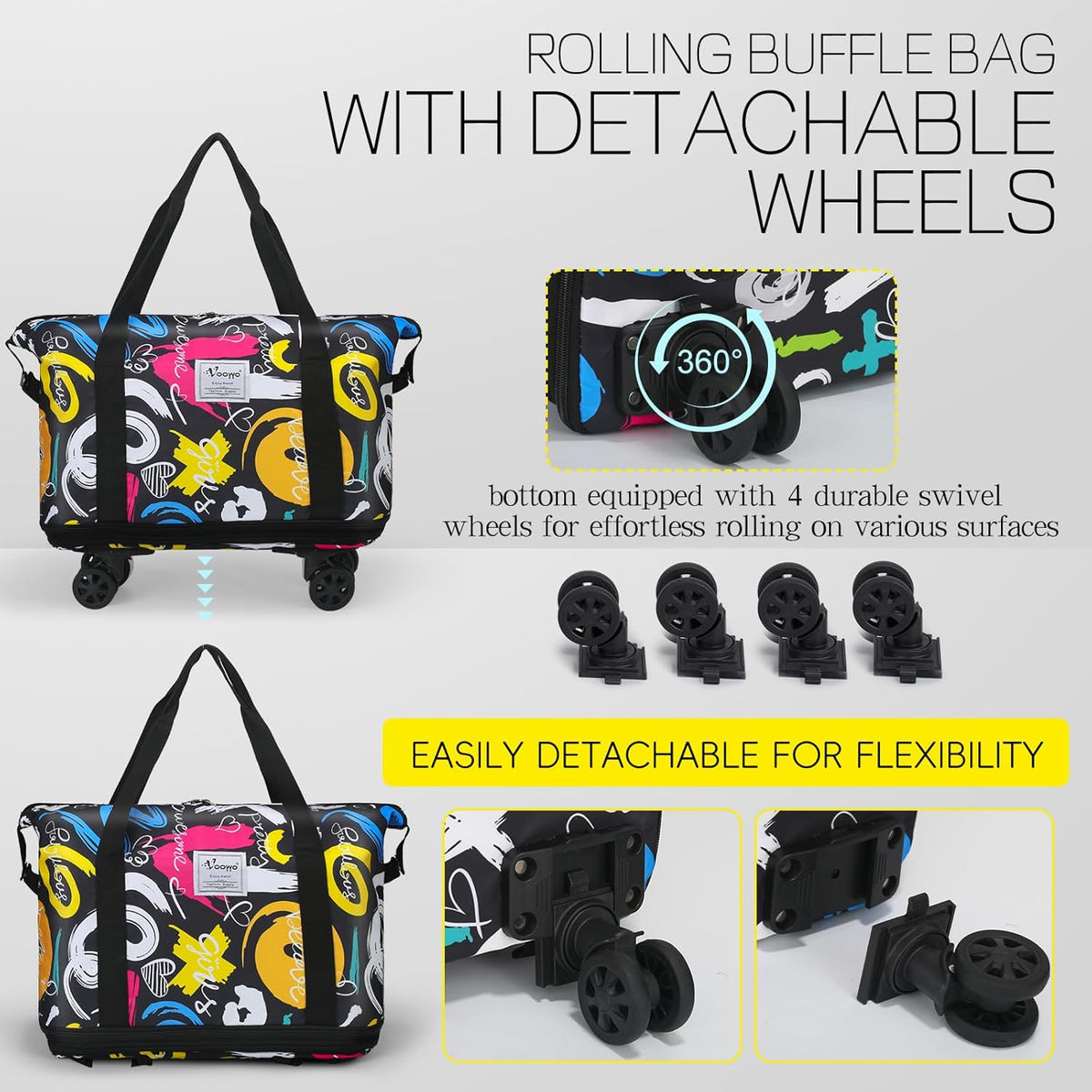 Duffel Bag with Wheels - Rolling Foldable Expandable Duffle Bag with Wheels for Travel, Rolling Luggage Carry On Bag with Wheels, Large Rolling Backpack Weekend Bags for Men Women (Black)