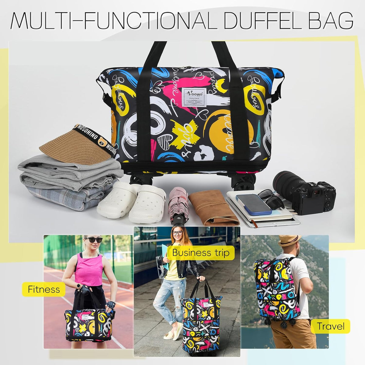 Duffel Bag with Wheels - Rolling Foldable Expandable Duffle Bag with Wheels for Travel, Rolling Luggage Carry On Bag with Wheels, Large Rolling Backpack Weekend Bags for Men Women (Black)