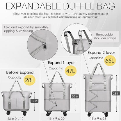 Duffel Bag with Wheels - Rolling Foldable Expandable Duffle Bag with Wheels for Travel, Rolling Luggage Carry On Bag with Wheels, Large Rolling Backpack Weekend Bags for Men Women (Black)