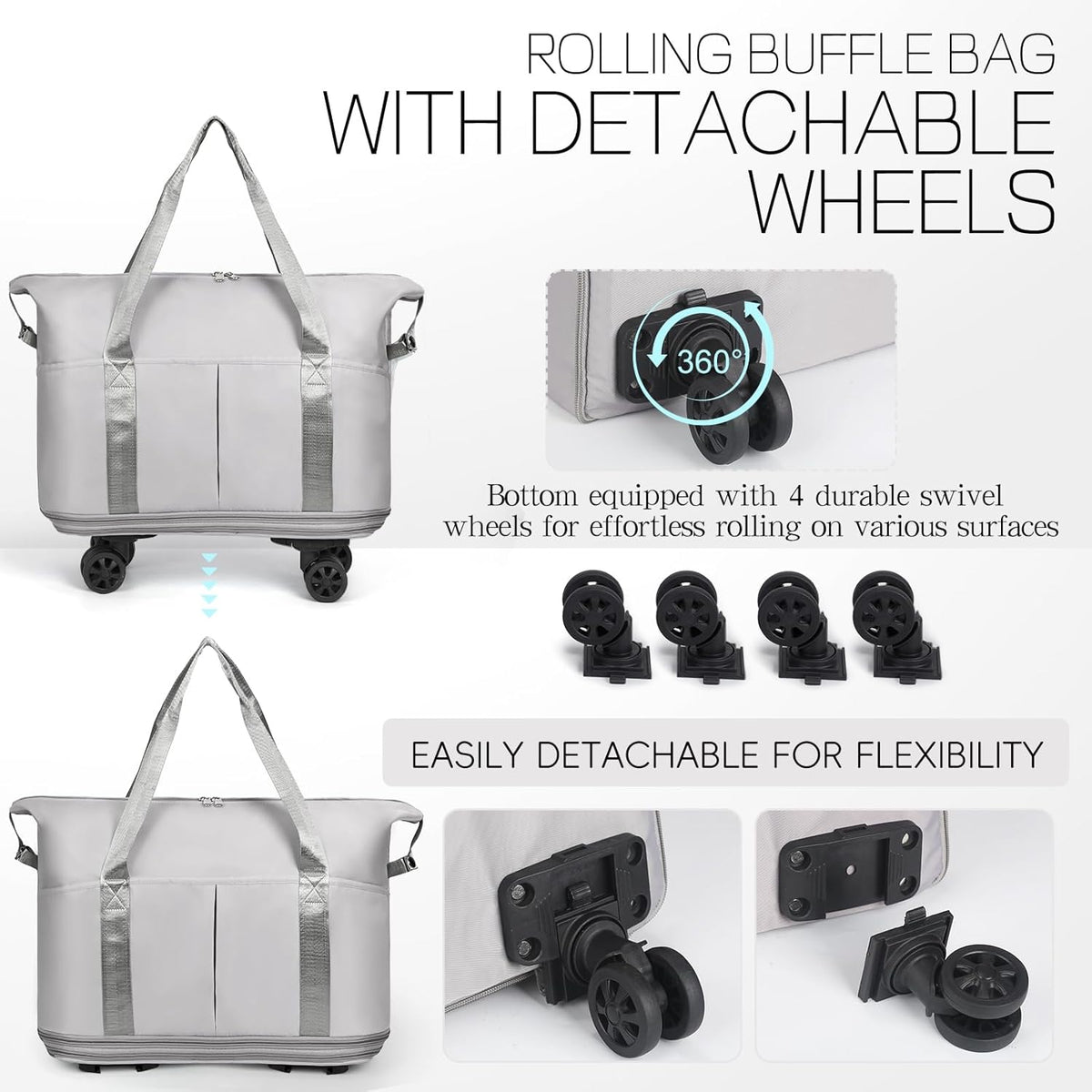 Duffel Bag with Wheels - Rolling Foldable Expandable Duffle Bag with Wheels for Travel, Rolling Luggage Carry On Bag with Wheels, Large Rolling Backpack Weekend Bags for Men Women (Black)