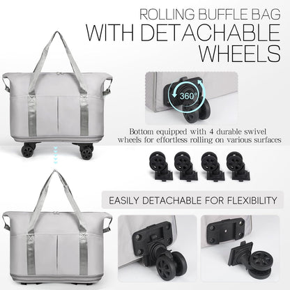 Duffel Bag with Wheels - Rolling Foldable Expandable Duffle Bag with Wheels for Travel, Rolling Luggage Carry On Bag with Wheels, Large Rolling Backpack Weekend Bags for Men Women (Black)