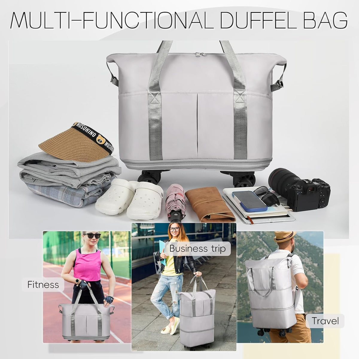 Duffel Bag with Wheels - Rolling Foldable Expandable Duffle Bag with Wheels for Travel, Rolling Luggage Carry On Bag with Wheels, Large Rolling Backpack Weekend Bags for Men Women (Black)