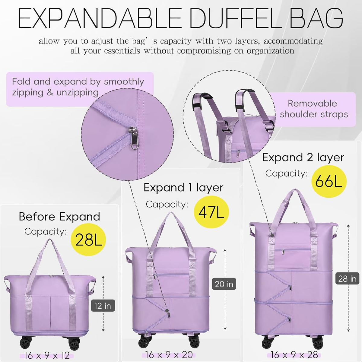Duffel Bag with Wheels - Rolling Foldable Expandable Duffle Bag with Wheels for Travel, Rolling Luggage Carry On Bag with Wheels, Large Rolling Backpack Weekend Bags for Men Women (Black)