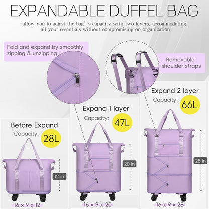 Duffel Bag with Wheels - Rolling Foldable Expandable Duffle Bag with Wheels for Travel, Rolling Luggage Carry On Bag with Wheels, Large Rolling Backpack Weekend Bags for Men Women (Black)