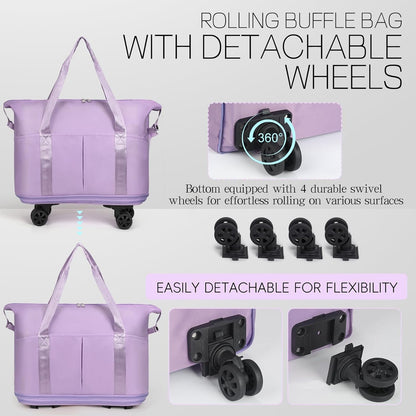 Duffel Bag with Wheels - Rolling Foldable Expandable Duffle Bag with Wheels for Travel, Rolling Luggage Carry On Bag with Wheels, Large Rolling Backpack Weekend Bags for Men Women (Black)