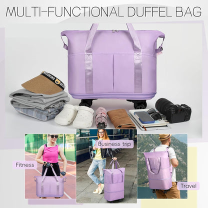 Duffel Bag with Wheels - Rolling Foldable Expandable Duffle Bag with Wheels for Travel, Rolling Luggage Carry On Bag with Wheels, Large Rolling Backpack Weekend Bags for Men Women (Black)