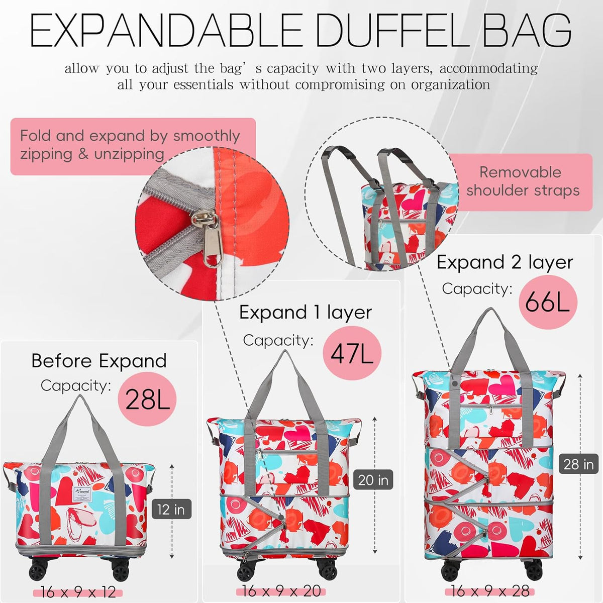 Duffel Bag with Wheels - Rolling Foldable Expandable Duffle Bag with Wheels for Travel, Rolling Luggage Carry On Bag with Wheels, Large Rolling Backpack Weekend Bags for Men Women (Black)