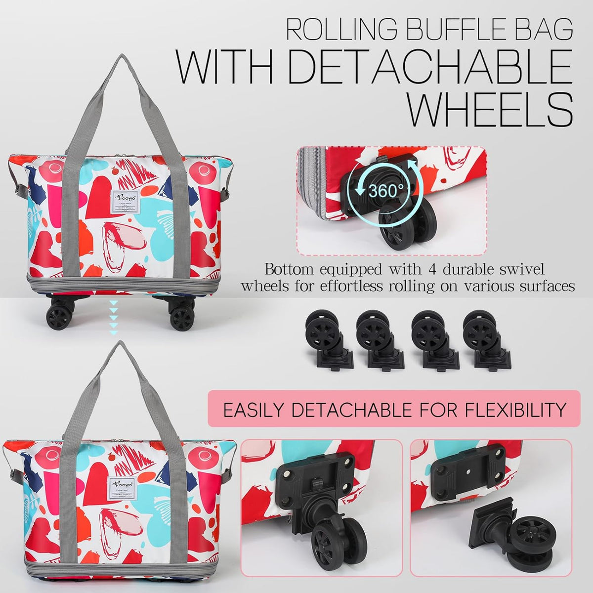 Duffel Bag with Wheels - Rolling Foldable Expandable Duffle Bag with Wheels for Travel, Rolling Luggage Carry On Bag with Wheels, Large Rolling Backpack Weekend Bags for Men Women (Black)