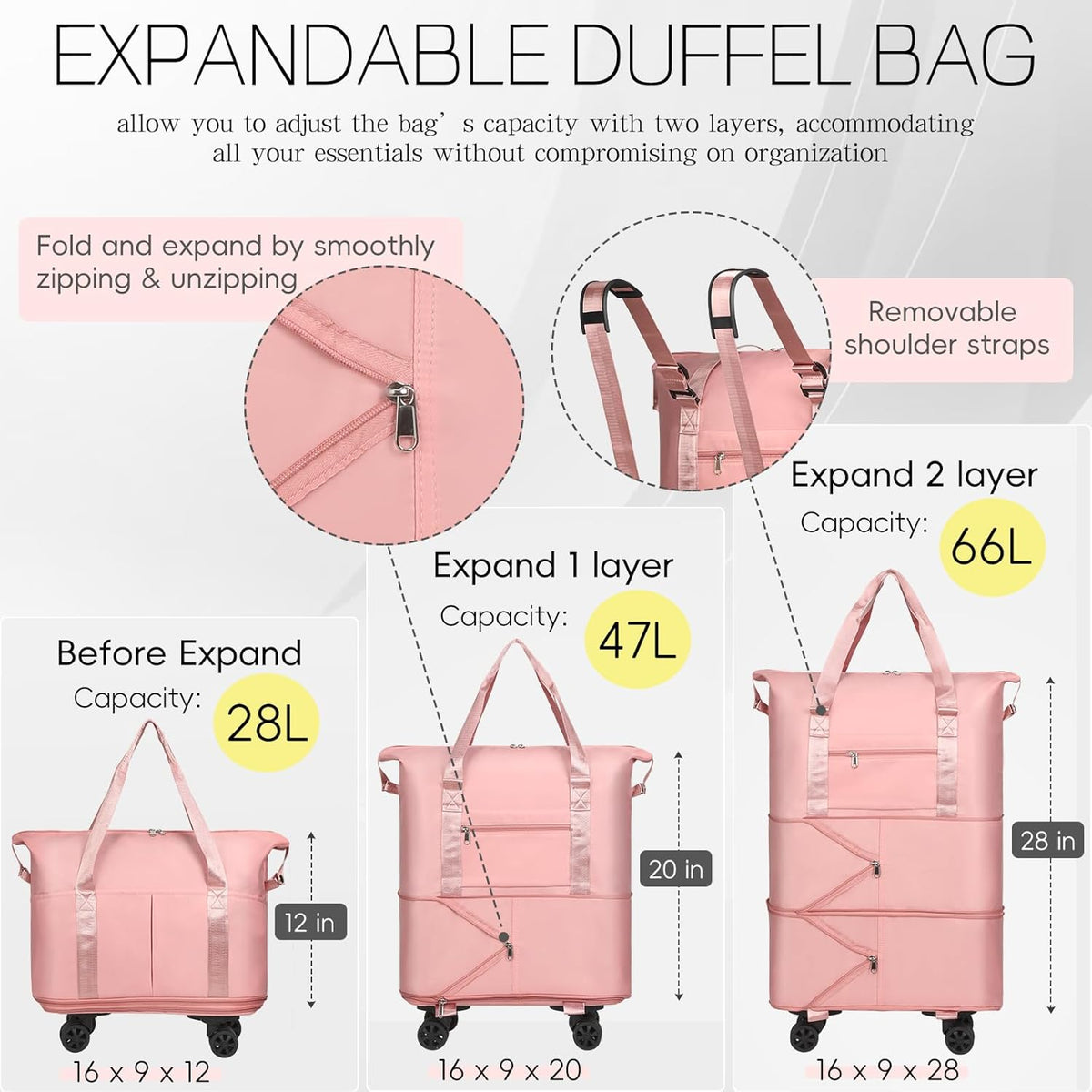 Duffel Bag with Wheels - Rolling Foldable Expandable Duffle Bag with Wheels for Travel, Rolling Luggage Carry On Bag with Wheels, Large Rolling Backpack Weekend Bags for Men Women (Black)