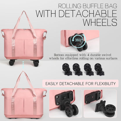 Duffel Bag with Wheels - Rolling Foldable Expandable Duffle Bag with Wheels for Travel, Rolling Luggage Carry On Bag with Wheels, Large Rolling Backpack Weekend Bags for Men Women (Black)