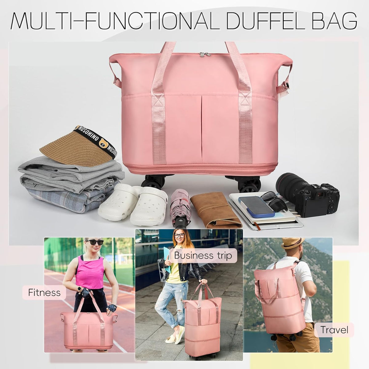 Duffel Bag with Wheels - Rolling Foldable Expandable Duffle Bag with Wheels for Travel, Rolling Luggage Carry On Bag with Wheels, Large Rolling Backpack Weekend Bags for Men Women (Black)