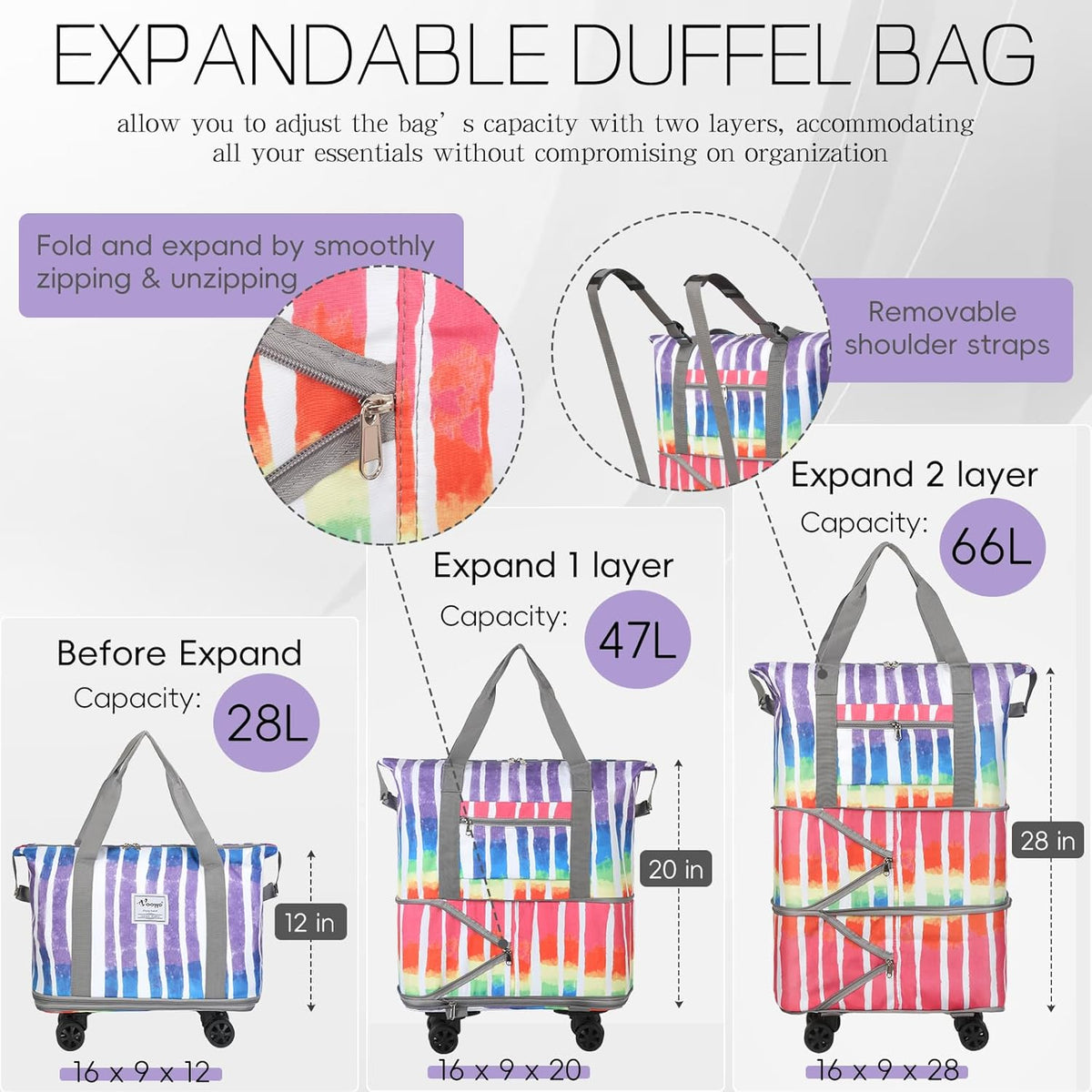 Duffel Bag with Wheels - Rolling Foldable Expandable Duffle Bag with Wheels for Travel, Rolling Luggage Carry On Bag with Wheels, Large Rolling Backpack Weekend Bags for Men Women (Black)