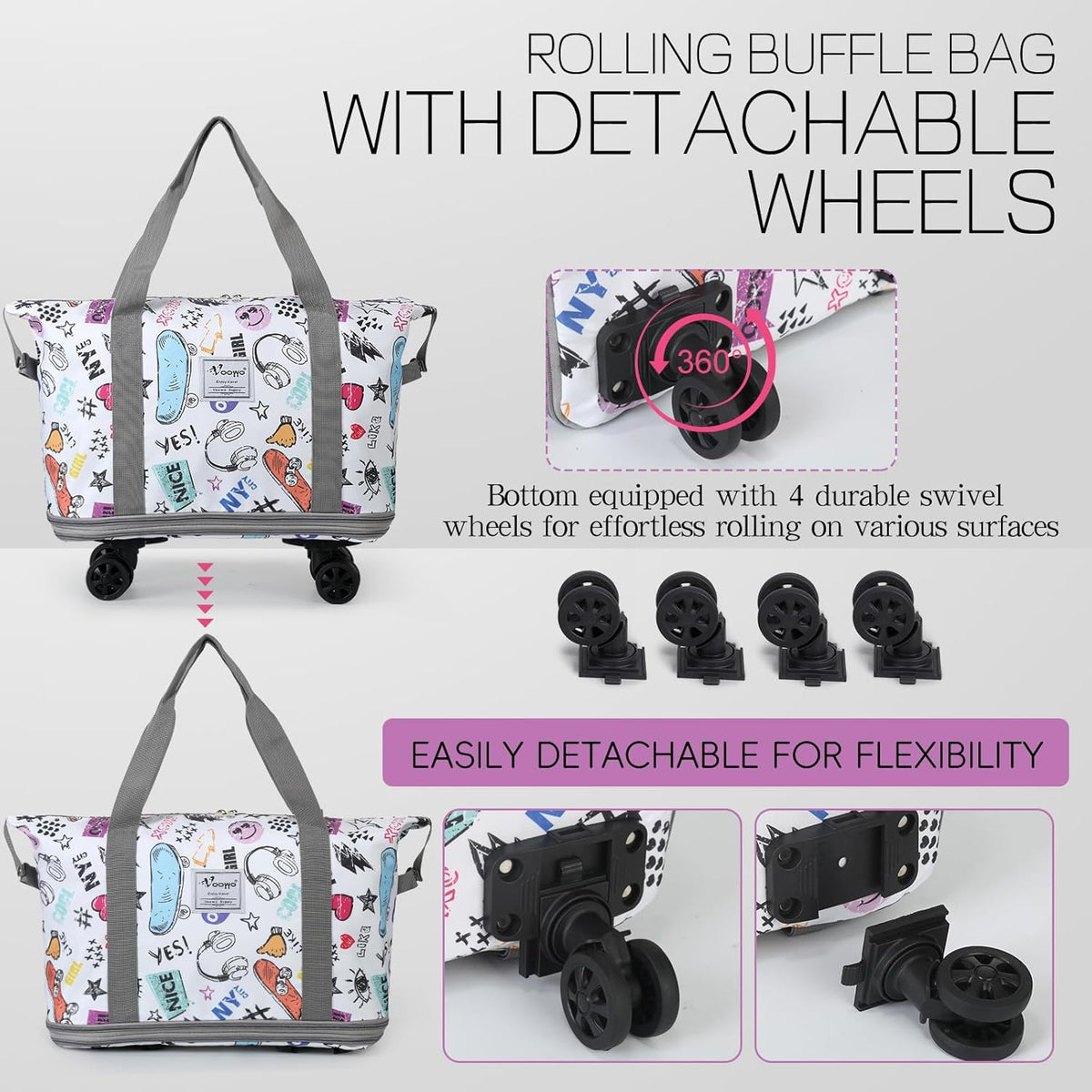 Duffel Bag with Wheels - Rolling Foldable Expandable Duffle Bag with Wheels for Travel, Rolling Luggage Carry On Bag with Wheels, Large Rolling Backpack Weekend Bags for Men Women (Black)