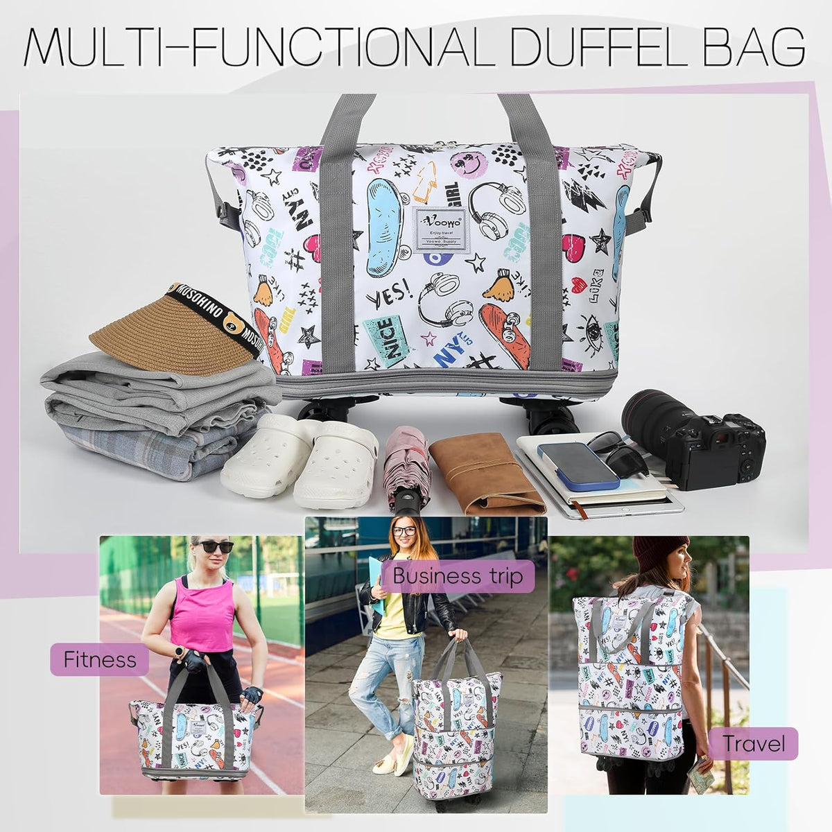 Duffel Bag with Wheels - Rolling Foldable Expandable Duffle Bag with Wheels for Travel, Rolling Luggage Carry On Bag with Wheels, Large Rolling Backpack Weekend Bags for Men Women (Black)