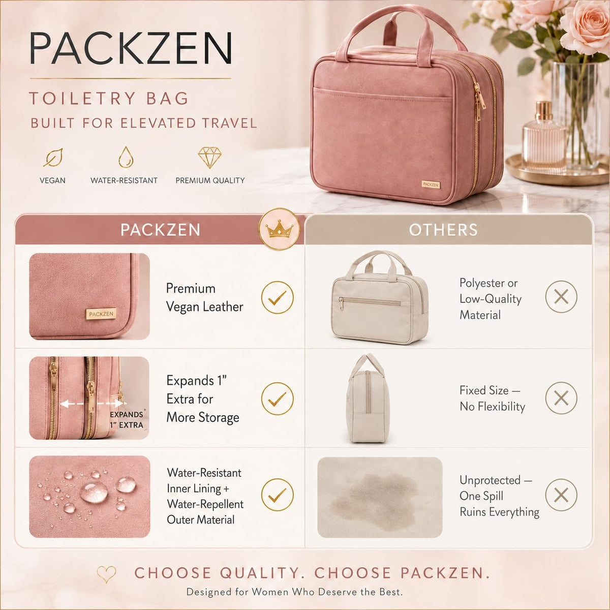 Pink Hanging Travel Toiletry Bag for Women, Large Makeup Bag and Cosmetic Organizer, Soft-touch Vegan Leather, TSA Approved Clear Pouch, Gifts for Women