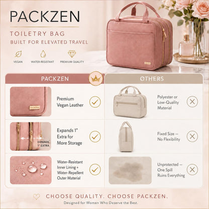 Pink Hanging Travel Toiletry Bag for Women, Large Makeup Bag and Cosmetic Organizer, Soft-touch Vegan Leather, TSA Approved Clear Pouch, Gifts for Women