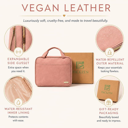 Pink Hanging Travel Toiletry Bag for Women, Large Makeup Bag and Cosmetic Organizer, Soft-touch Vegan Leather, TSA Approved Clear Pouch, Gifts for Women