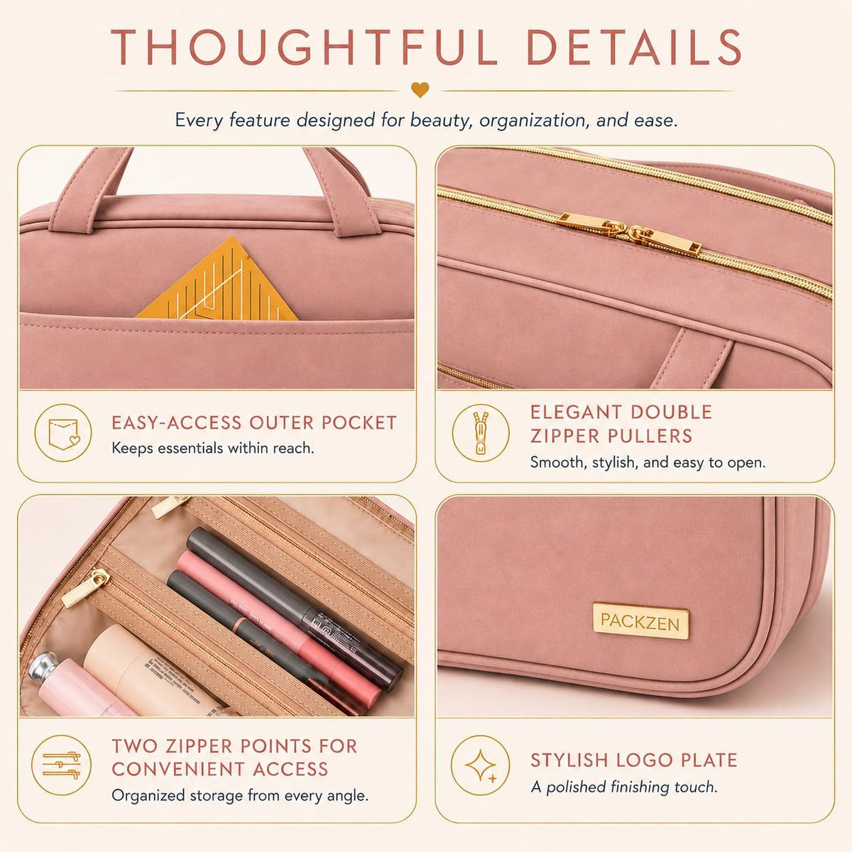 Pink Hanging Travel Toiletry Bag for Women, Large Makeup Bag and Cosmetic Organizer, Soft-touch Vegan Leather, TSA Approved Clear Pouch, Gifts for Women