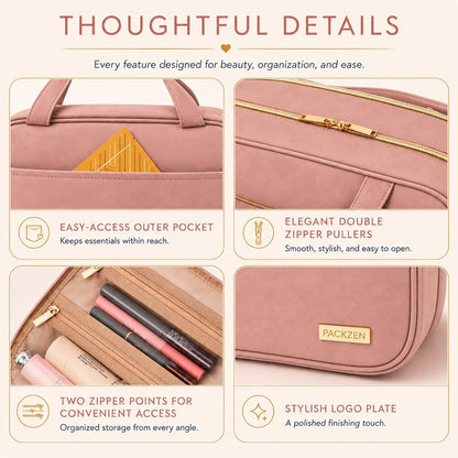 Pink Hanging Travel Toiletry Bag for Women, Large Makeup Bag and Cosmetic Organizer, Soft-touch Vegan Leather, TSA Approved Clear Pouch, Gifts for Women