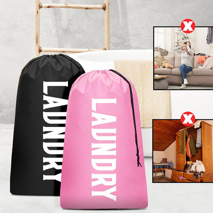 2 Pack XL Travel Laundry Bag, Machine Washable Dirty Clothes Organizer, Large Enough to Hold 4 Loads of Laundry, Easy Fit a Laundry Hamper (Black + Pink)