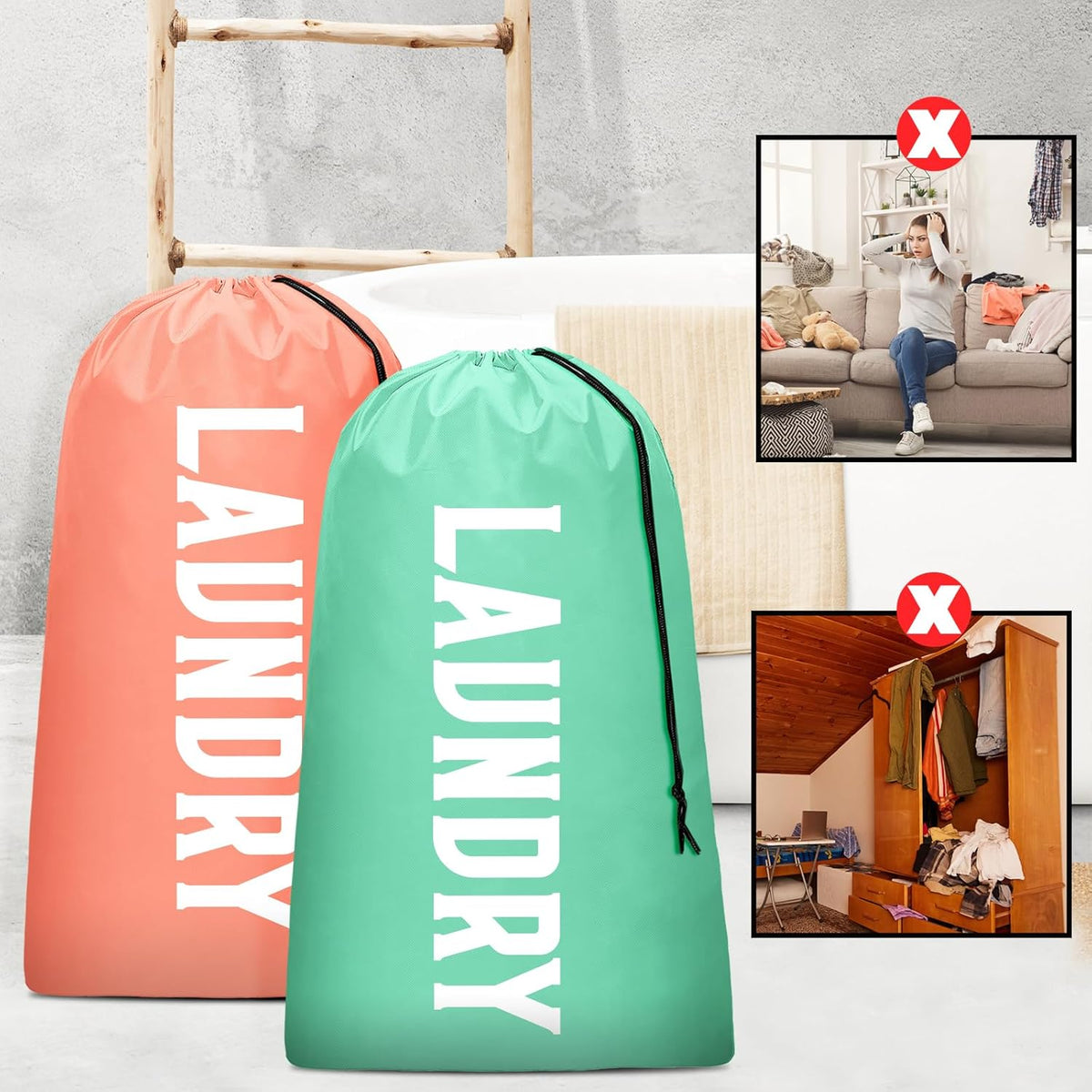 2 Pack XL Travel Laundry Bag, Machine Washable Dirty Clothes Organizer, Large Enough to Hold 4 Loads of Laundry, Easy Fit a Laundry Hamper (Black + Pink)