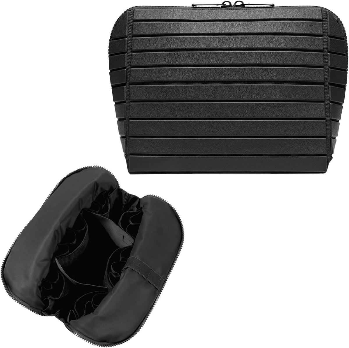 Travel Makeup Organizer Bag with Fold-Down Design and Adjustable Dividers, 27 Pockets & 3 Brush Storage Holders, Large Capacity Cosmetic Bags Toiletry Case- Black