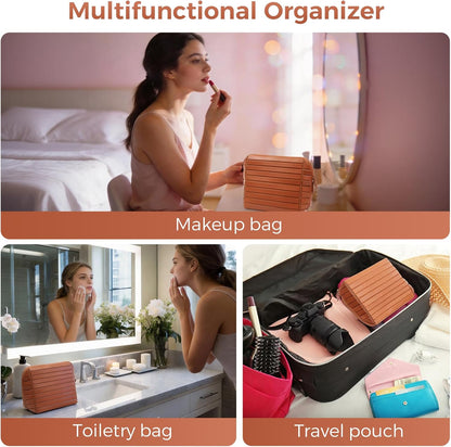 Travel Makeup Organizer Bag with Fold-Down Design and Adjustable Dividers, 27 Pockets & 3 Brush Storage Holders, Large Capacity Cosmetic Bags Toiletry Case- Black