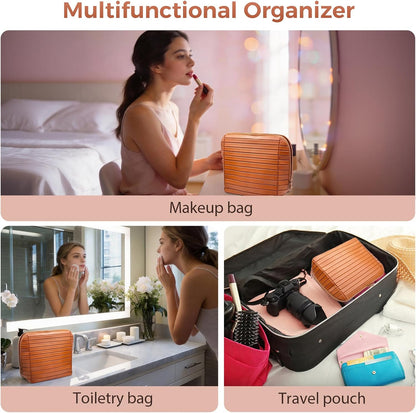 Travel Makeup Organizer Bag with Fold-Down Design and Adjustable Dividers, 27 Pockets & 3 Brush Storage Holders, Large Capacity Cosmetic Bags Toiletry Case- Black