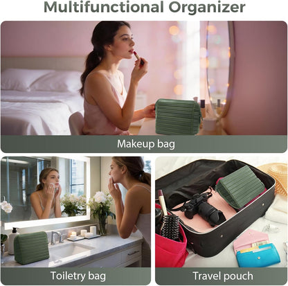 Travel Makeup Organizer Bag with Fold-Down Design and Adjustable Dividers, 27 Pockets & 3 Brush Storage Holders, Large Capacity Cosmetic Bags Toiletry Case- Black