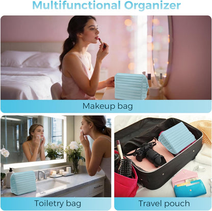 Travel Makeup Organizer Bag with Fold-Down Design and Adjustable Dividers, 27 Pockets & 3 Brush Storage Holders, Large Capacity Cosmetic Bags Toiletry Case- Black