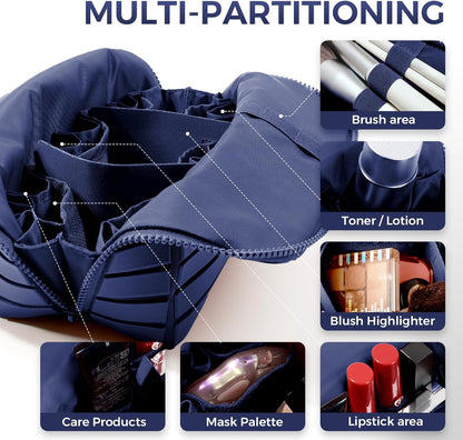 Travel Makeup Organizer Bag with Fold-Down Design and Adjustable Dividers, 27 Pockets & 3 Brush Storage Holders, Large Capacity Cosmetic Bags Toiletry Case- Black