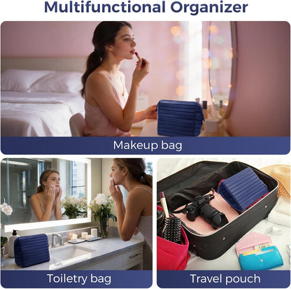 Travel Makeup Organizer Bag with Fold-Down Design and Adjustable Dividers, 27 Pockets & 3 Brush Storage Holders, Large Capacity Cosmetic Bags Toiletry Case- Black