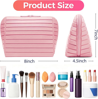 Travel Makeup Organizer Bag with Fold-Down Design and Adjustable Dividers, 27 Pockets & 3 Brush Storage Holders, Large Capacity Cosmetic Bags Toiletry Case- Black