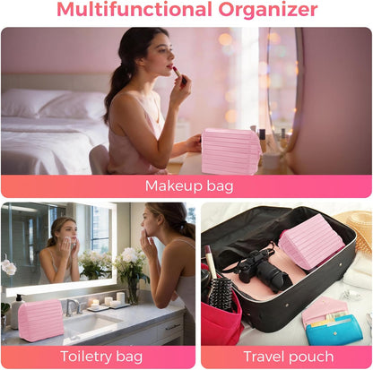 Travel Makeup Organizer Bag with Fold-Down Design and Adjustable Dividers, 27 Pockets & 3 Brush Storage Holders, Large Capacity Cosmetic Bags Toiletry Case- Black