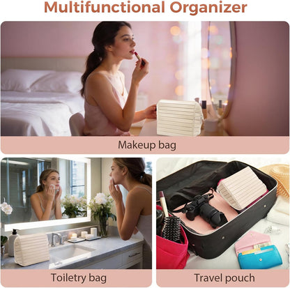 Travel Makeup Organizer Bag with Fold-Down Design and Adjustable Dividers, 27 Pockets & 3 Brush Storage Holders, Large Capacity Cosmetic Bags Toiletry Case- Black