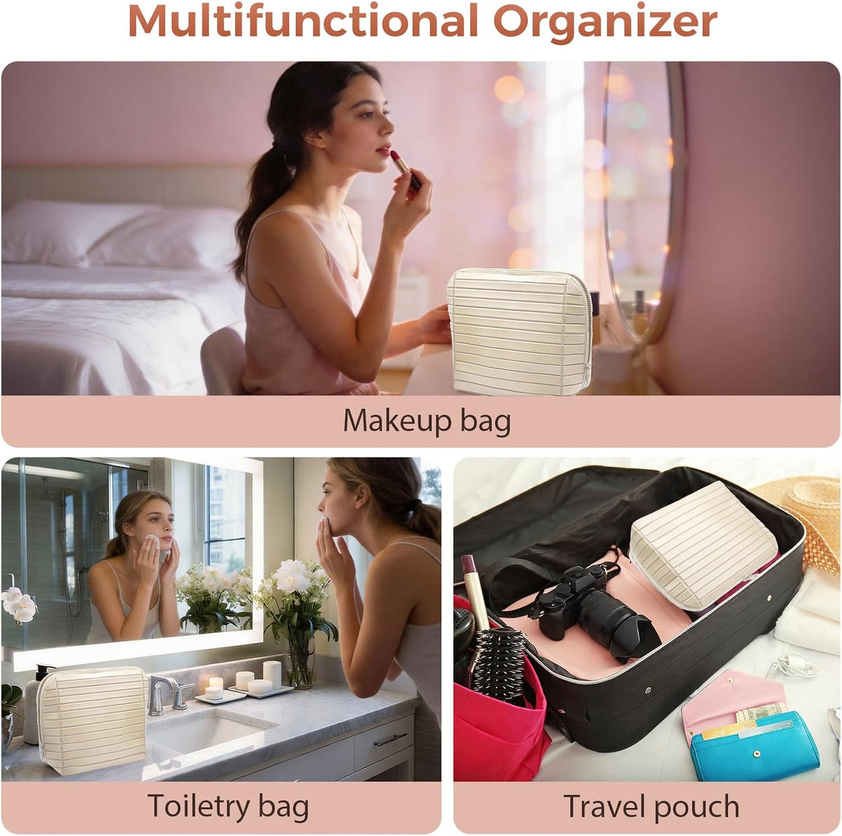 Travel Makeup Organizer Bag with Fold-Down Design and Adjustable Dividers, 27 Pockets & 3 Brush Storage Holders, Large Capacity Cosmetic Bags Toiletry Case- Black