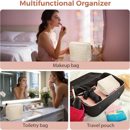 Travel Makeup Organizer Bag with Fold-Down Design and Adjustable Dividers, 27 Pockets & 3 Brush Storage Holders, Large Capacity Cosmetic Bags Toiletry Case- Black