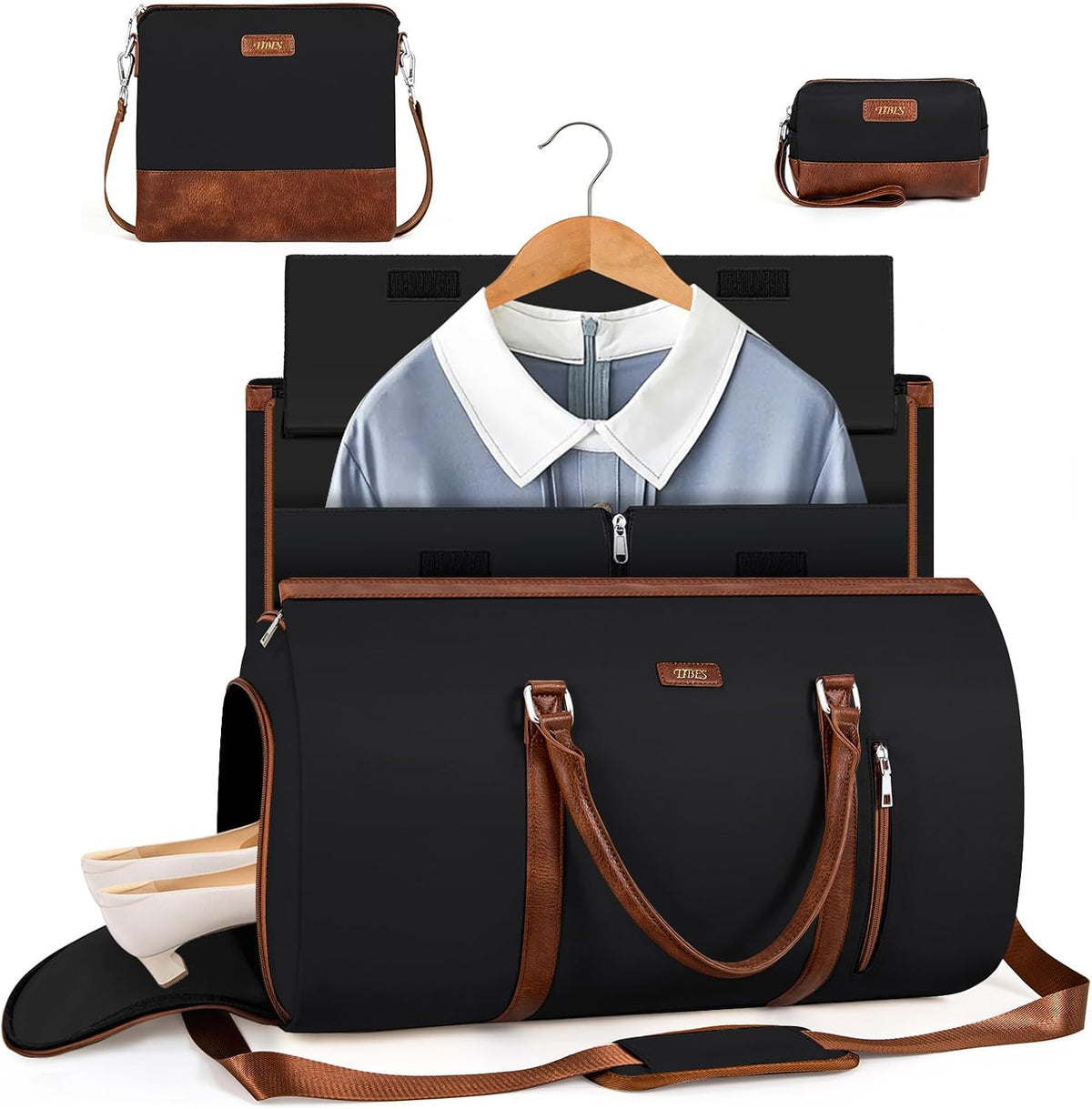 Convertible 2-in-1 Garment Bags for Travel, 50L Carry On Garment Duffle Bag With Shoe Compartment Large Weekender Bag for Women Men Hanging Suitcase Suit Travel Duffel Overnight Bags 4pcs Set