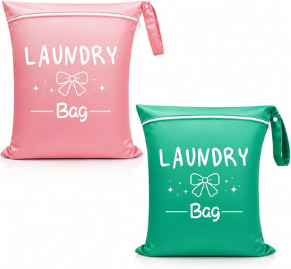 2 Pcs Large Travel Laundry Bags, 19 x 15 Inches Waterproof Wet Dry Bag for Dirty Clothes, Washable Zippered Laundry Bag for Gym, Beach, Swimming and College Dorm, Pink & Grey