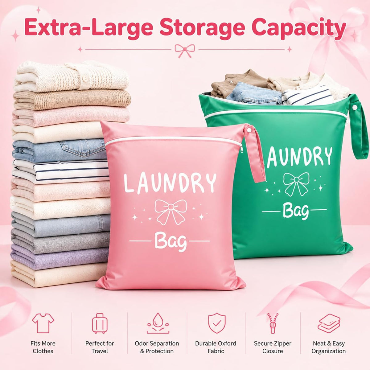 2 Pcs Large Travel Laundry Bags, 19 x 15 Inches Waterproof Wet Dry Bag for Dirty Clothes, Washable Zippered Laundry Bag for Gym, Beach, Swimming and College Dorm, Pink & Grey