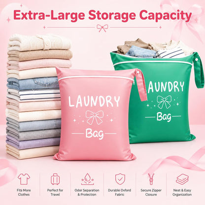 2 Pcs Large Travel Laundry Bags, 19 x 15 Inches Waterproof Wet Dry Bag for Dirty Clothes, Washable Zippered Laundry Bag for Gym, Beach, Swimming and College Dorm, Pink & Grey