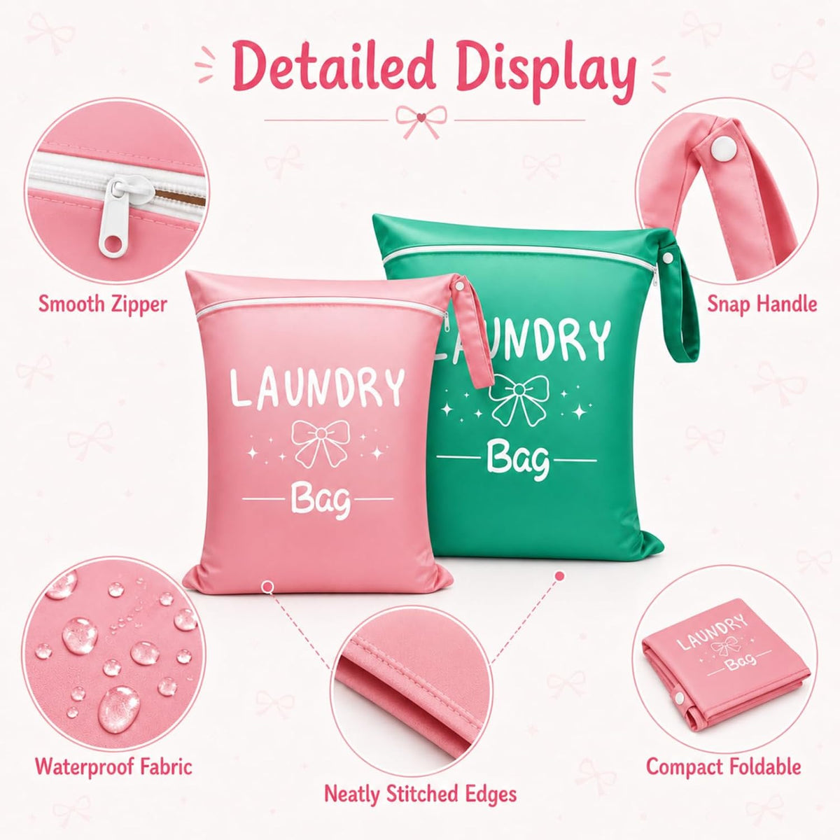 2 Pcs Large Travel Laundry Bags, 19 x 15 Inches Waterproof Wet Dry Bag for Dirty Clothes, Washable Zippered Laundry Bag for Gym, Beach, Swimming and College Dorm, Pink & Grey