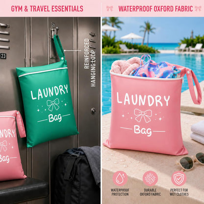 2 Pcs Large Travel Laundry Bags, 19 x 15 Inches Waterproof Wet Dry Bag for Dirty Clothes, Washable Zippered Laundry Bag for Gym, Beach, Swimming and College Dorm, Pink & Grey