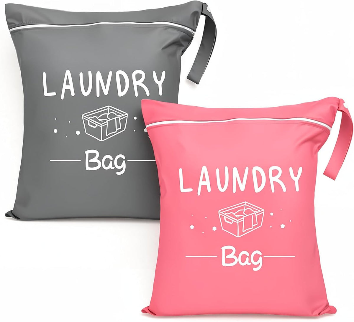 2 Pcs Large Travel Laundry Bags, 19 x 15 Inches Waterproof Wet Dry Bag for Dirty Clothes, Washable Zippered Laundry Bag for Gym, Beach, Swimming and College Dorm, Pink & Grey
