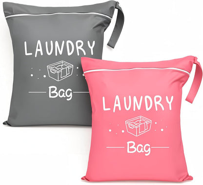 2 Pcs Large Travel Laundry Bags, 19 x 15 Inches Waterproof Wet Dry Bag for Dirty Clothes, Washable Zippered Laundry Bag for Gym, Beach, Swimming and College Dorm, Pink & Grey