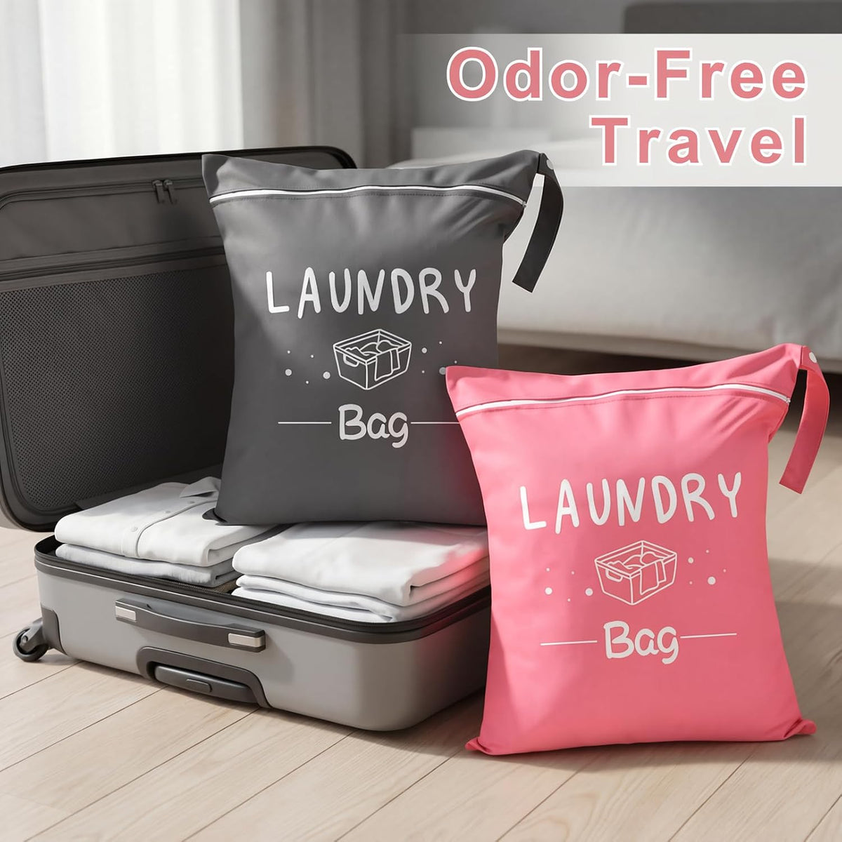 2 Pcs Large Travel Laundry Bags, 19 x 15 Inches Waterproof Wet Dry Bag for Dirty Clothes, Washable Zippered Laundry Bag for Gym, Beach, Swimming and College Dorm, Pink & Grey