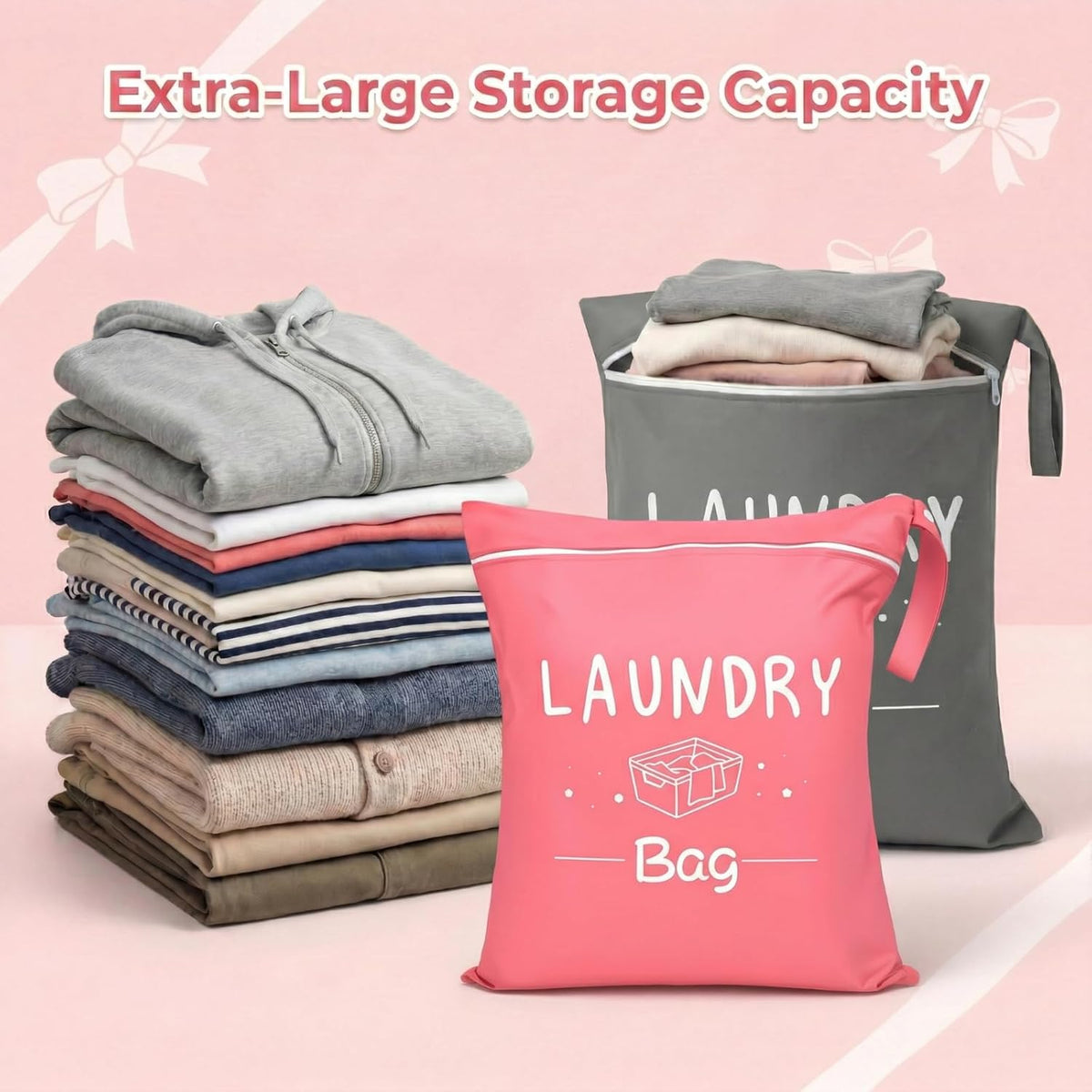 2 Pcs Large Travel Laundry Bags, 19 x 15 Inches Waterproof Wet Dry Bag for Dirty Clothes, Washable Zippered Laundry Bag for Gym, Beach, Swimming and College Dorm, Pink & Grey